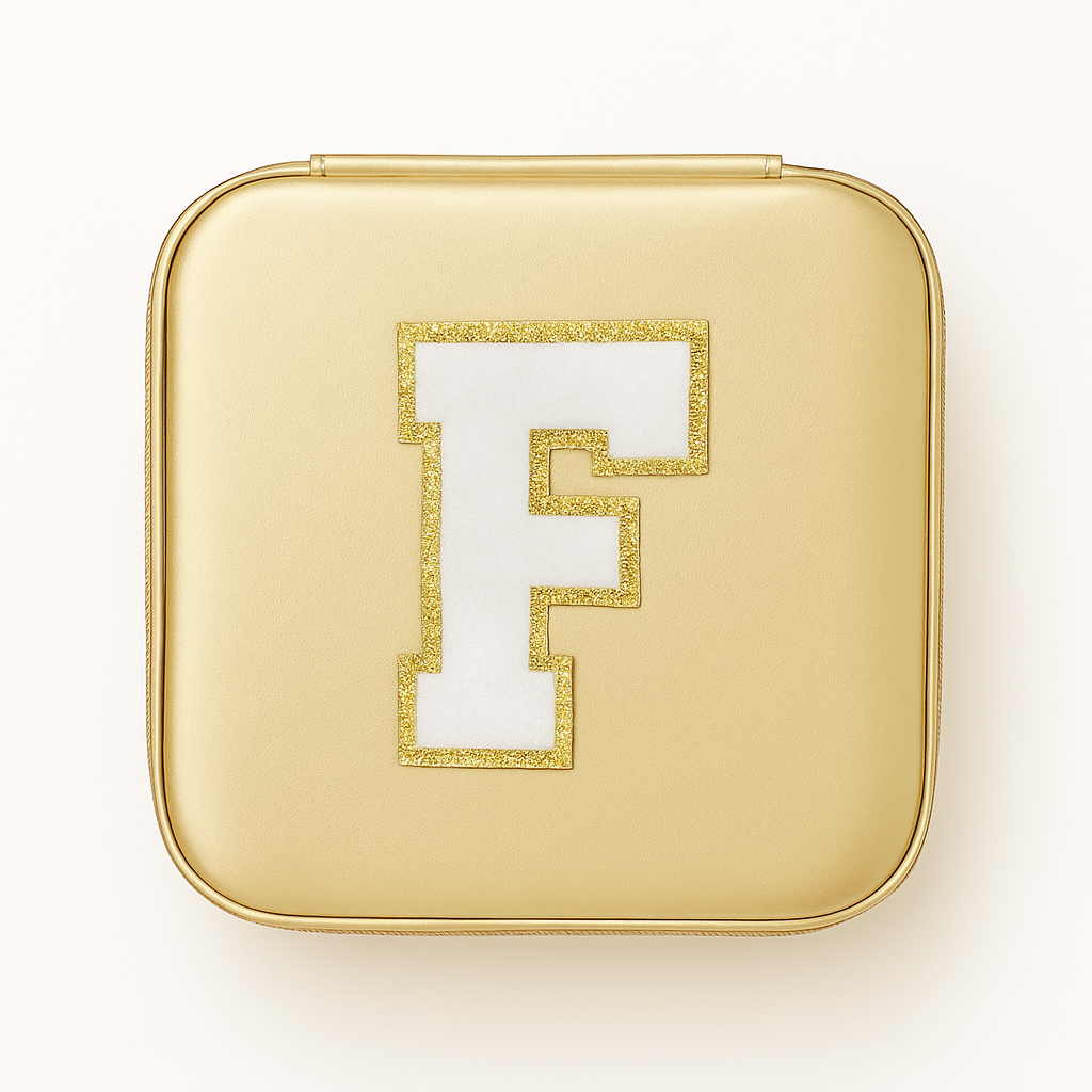 Schmuckbox Gold PU • DIY Initiale Weiß A–Z zum Kleben • Reise & Geschenkidee