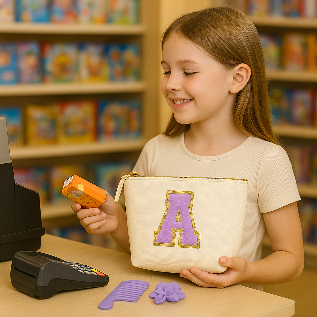 Kosmetiktasche S Beige • DIY Initiale Lila A–Z zum Kleben • Reise & Geschenkidee