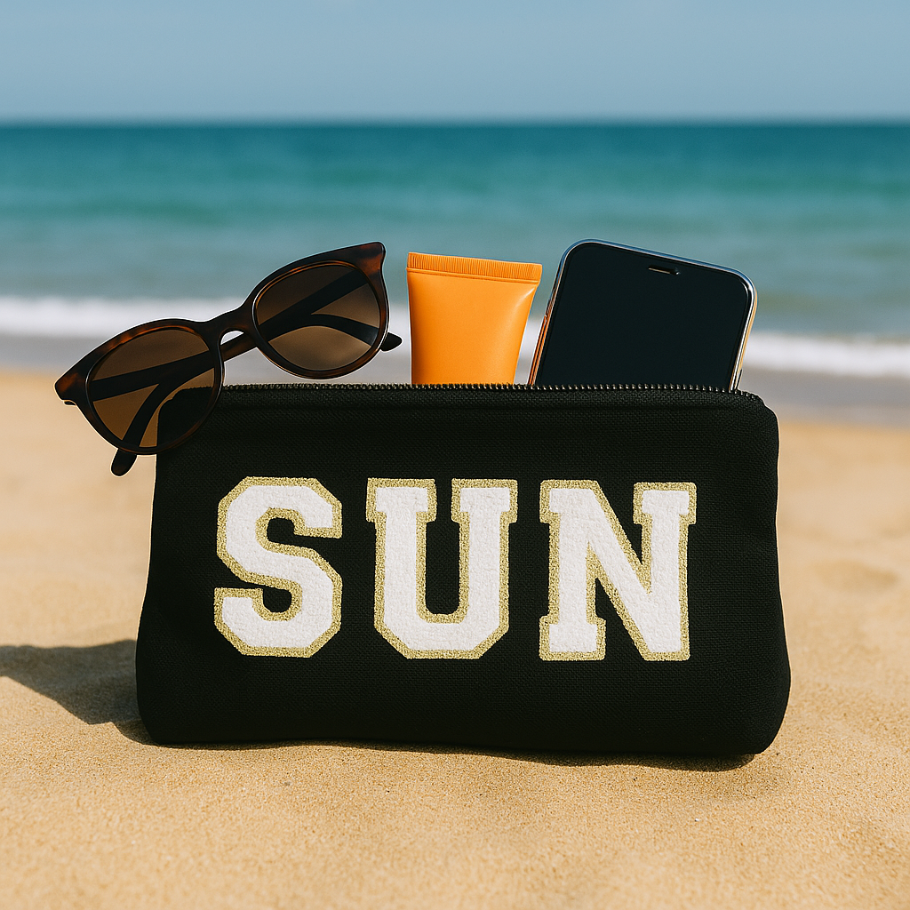 Reisetaschen Zubehörtaschen mit „SUN“ Botschaft Beige Schwarz Geschenkidee