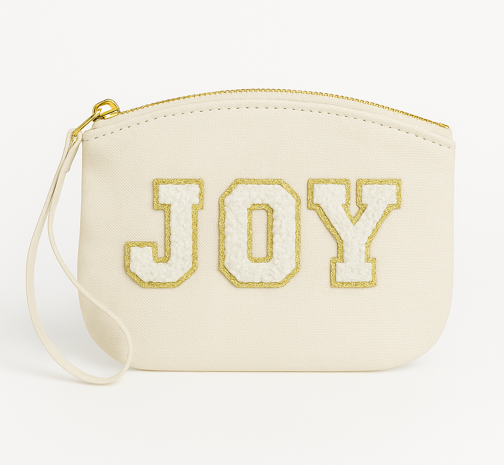 Kosmetiktasche Clutch mit „JOY“ Botschaft Rosa Beige Blau Schwarz Geschenkidee
