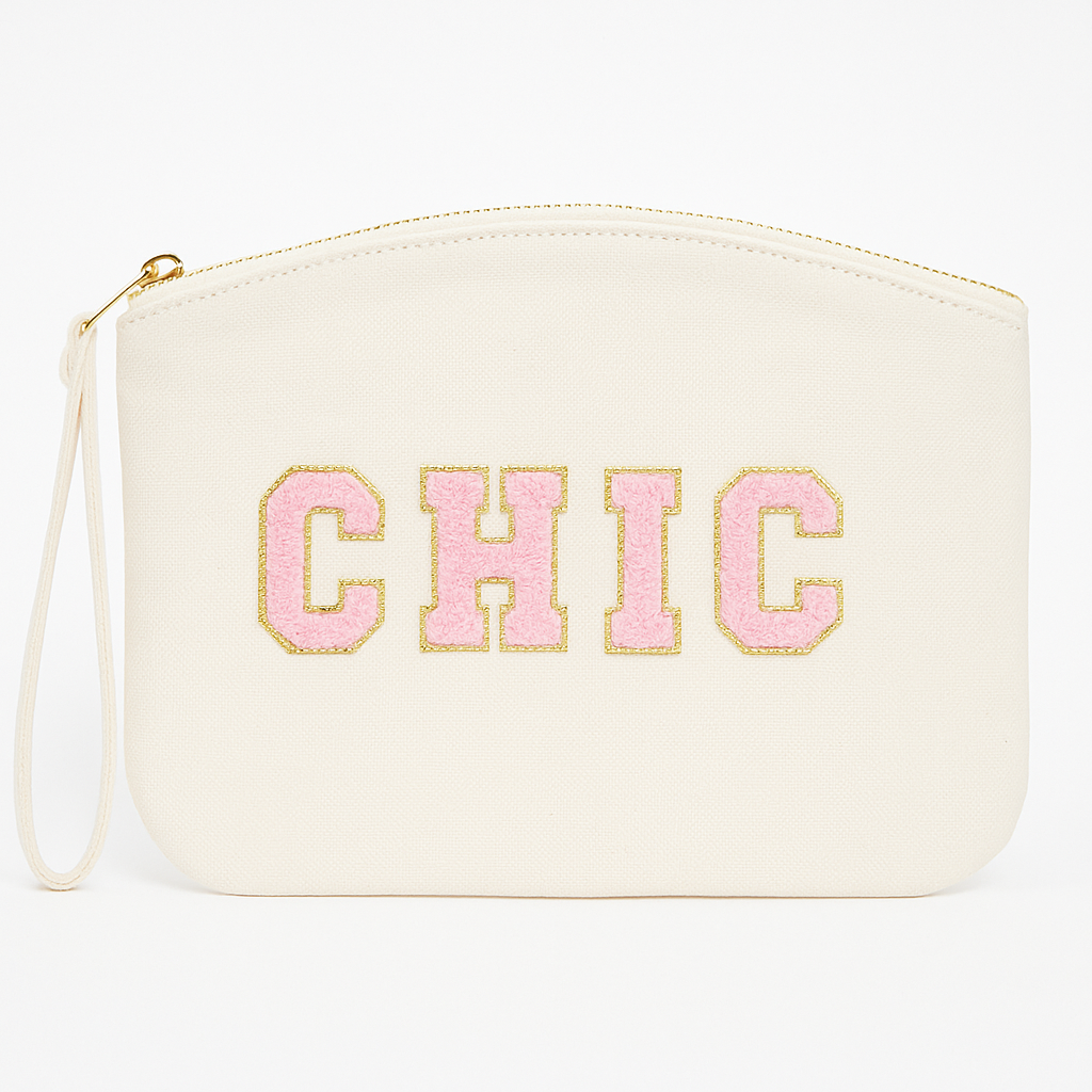 Kosmetiktasche Clutch mit „CHIC“ Botschaft Rosa Beige Blau Schwarz Geschenkidee