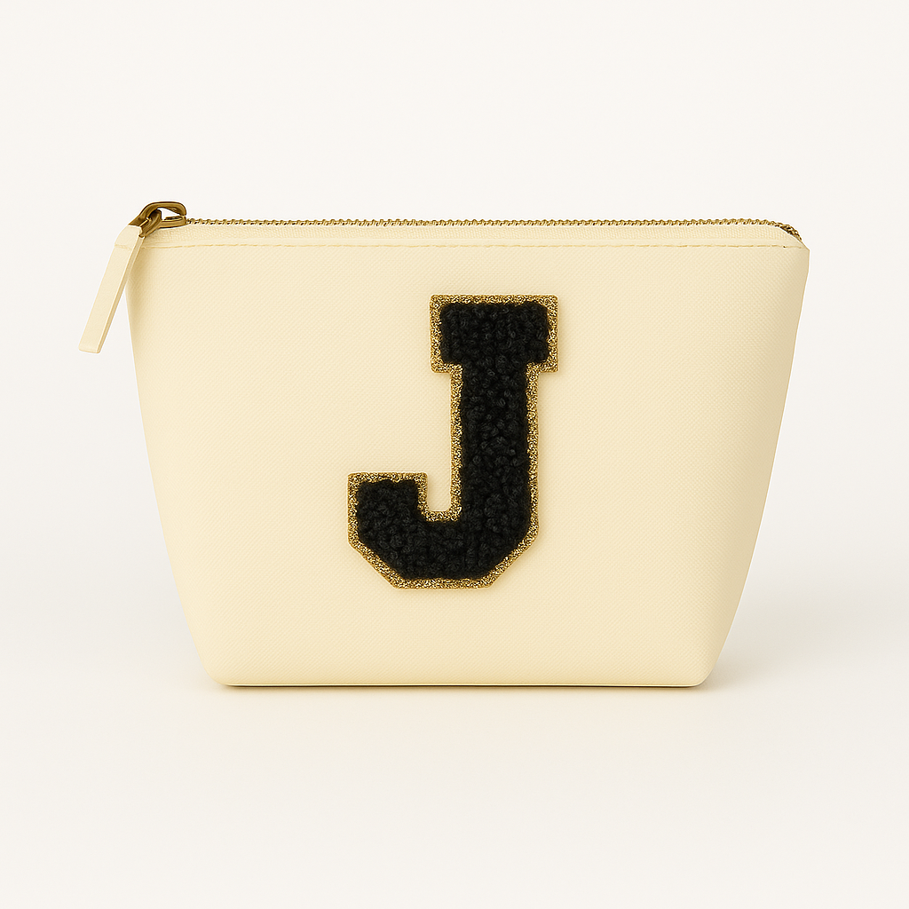 Kosmetiktasche S Beige • DIY Initiale Schwarz A–Z zum Kleben • Top Geschenkidee