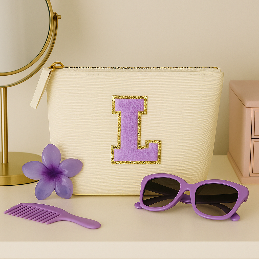 Kosmetiktasche S Beige • DIY Initiale Lila A–Z zum Kleben • Reise & Geschenkidee