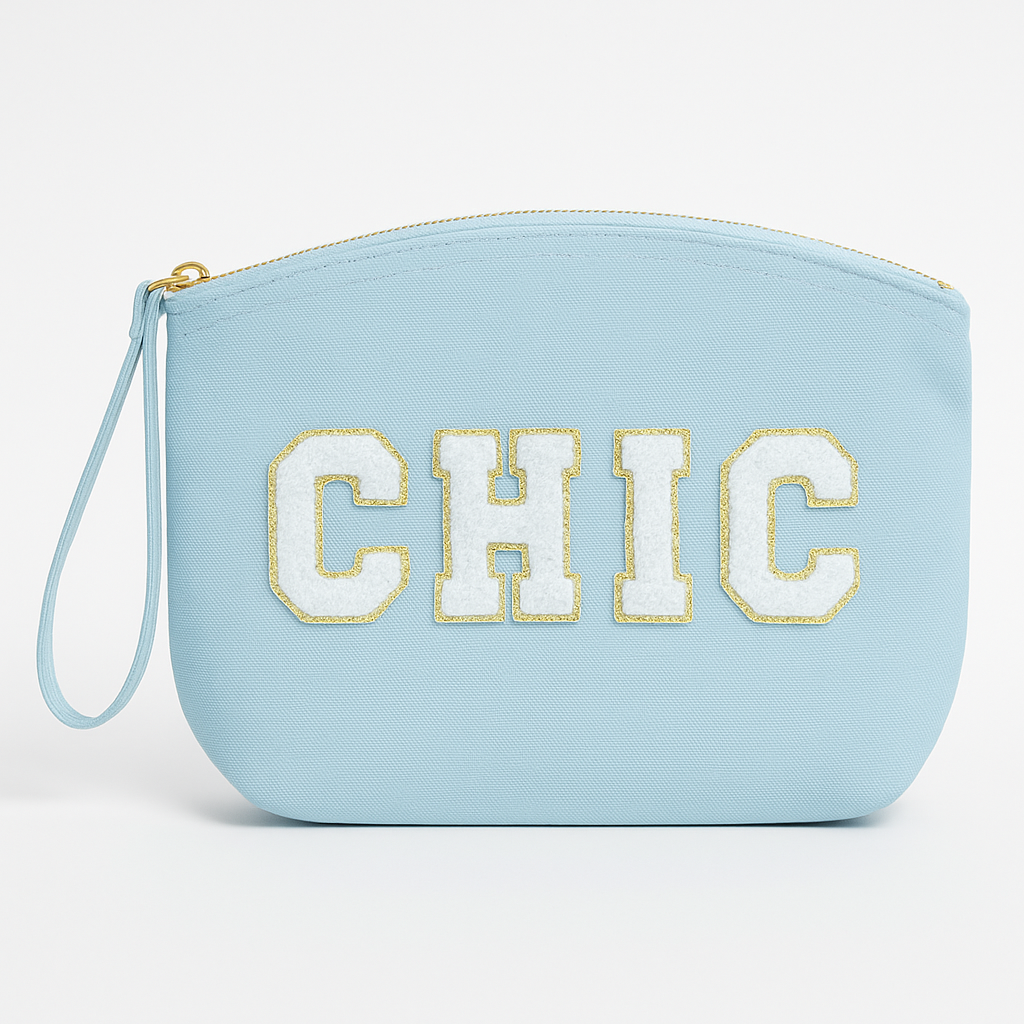 Kosmetiktasche Clutch mit „CHIC“ Botschaft Rosa Beige Blau Schwarz Geschenkidee