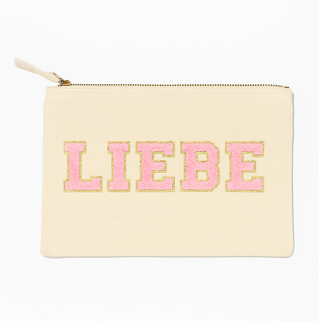 Clutch L mit Schriftzug LIEBE – Beige Tasche Rosa & Leo Design Geschenkidee