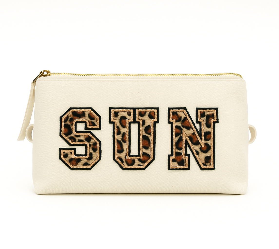 Reisetaschen Zubehörtaschen mit „SUN“ Botschaft Beige Schwarz Geschenkidee