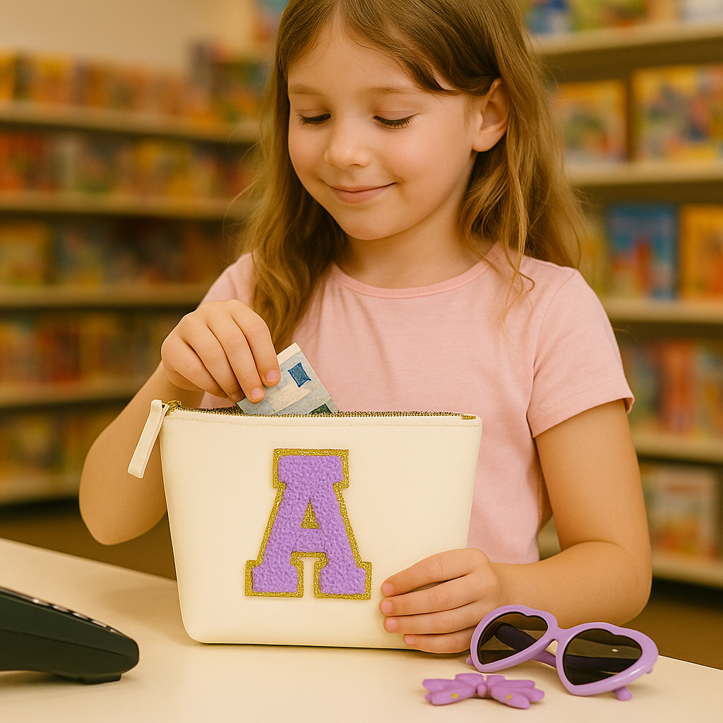 Kosmetiktasche S Beige • DIY Initiale Lila A–Z zum Kleben • Reise & Geschenkidee