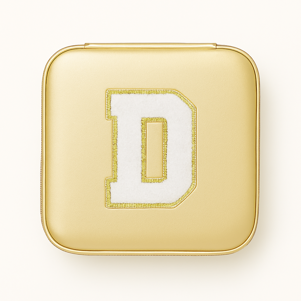 Schmuckbox Gold PU • DIY Initiale Weiß A–Z zum Kleben • Reise & Geschenkidee