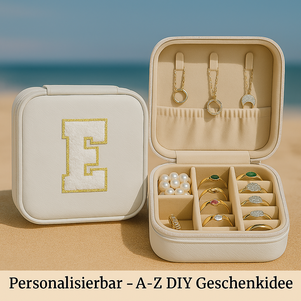 Personalisierbare Schmuckbox Weiß – Buchstabe A–Z Weiß mit Goldrand – DIY Reise