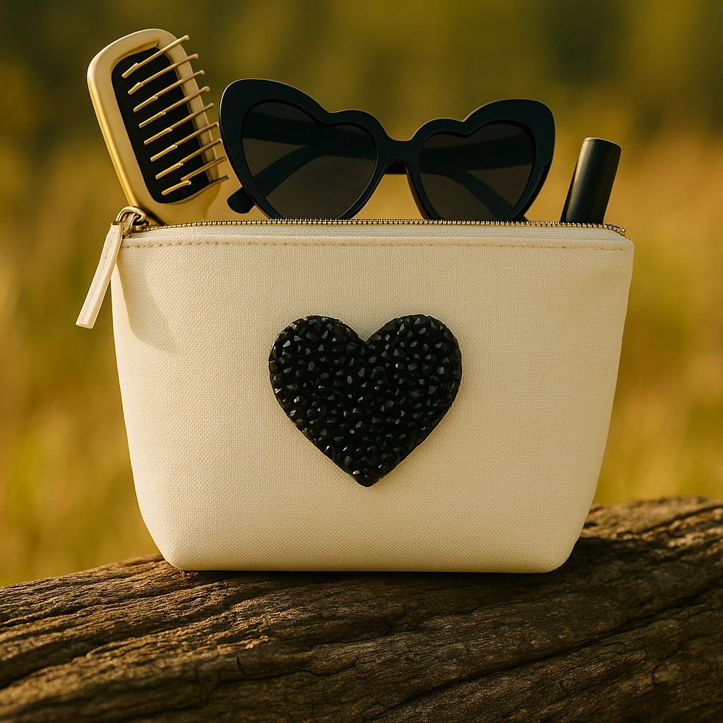 Kosmetiktasche S Beige – Herz Design – personalisiert – Handmade Geschenk