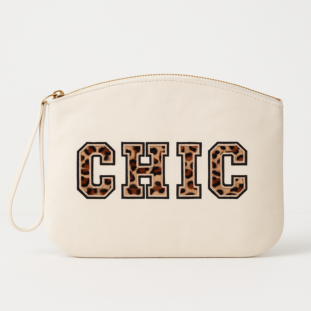 Kosmetiktasche Clutch mit „CHIC“ Botschaft Rosa Beige Blau Schwarz Geschenkidee