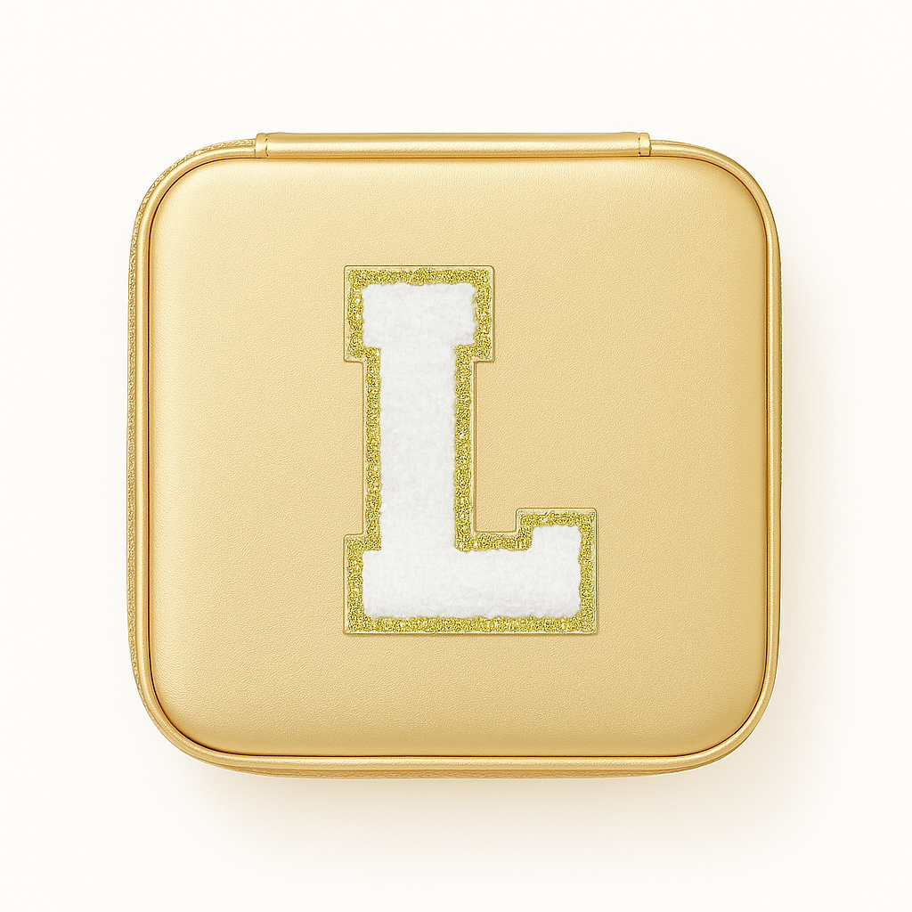 Schmuckbox Gold PU • DIY Initiale Weiß A–Z zum Kleben • Reise & Geschenkidee