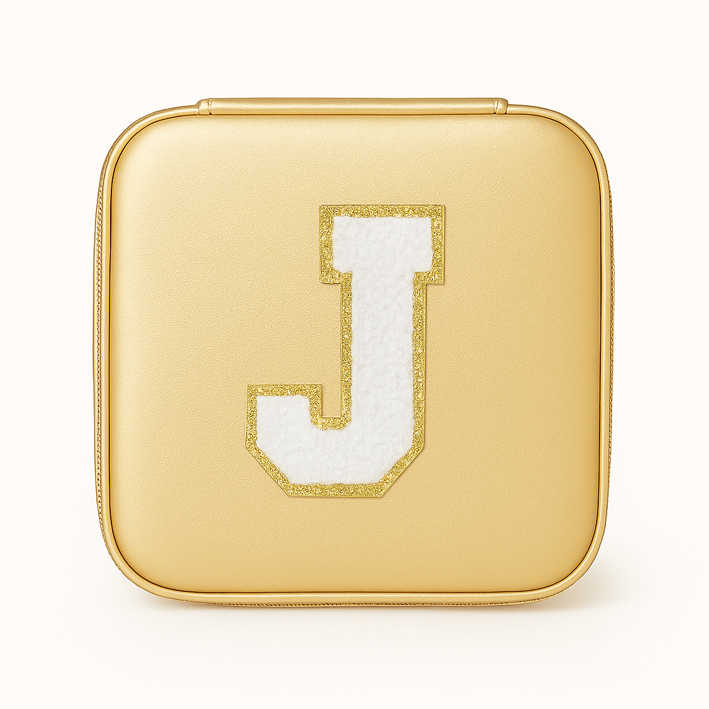 Schmuckbox Gold PU • DIY Initiale Weiß A–Z zum Kleben • Reise & Geschenkidee