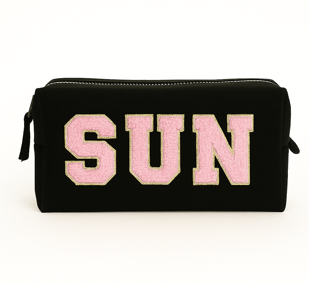 Reisetaschen Zubehörtaschen mit „SUN“ Botschaft Beige Schwarz Geschenkidee