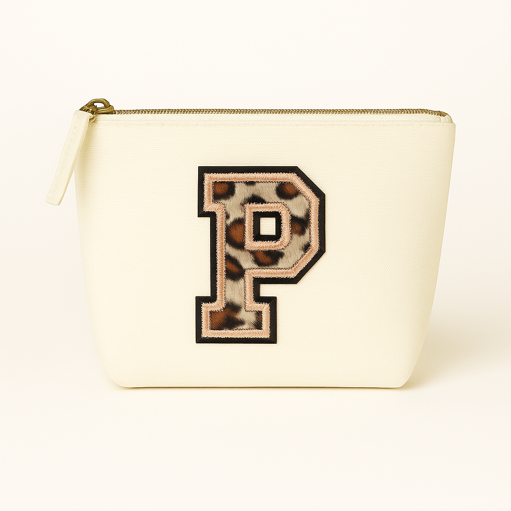 Kosmetiktasche S Beige • DIY Initiale Leo A–Z zum Aufbügeln • Geschenkidee