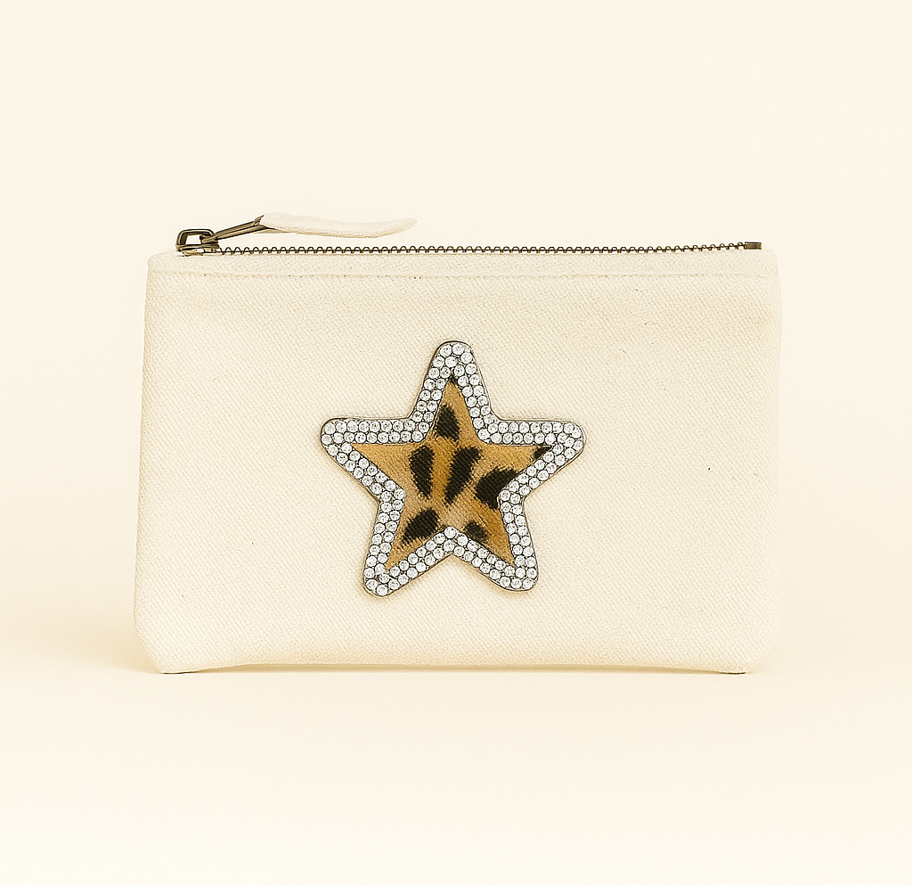 Kartenetui XS Leo Herz oder Stern Beige – Canvas Tasche mit Reißverschluss