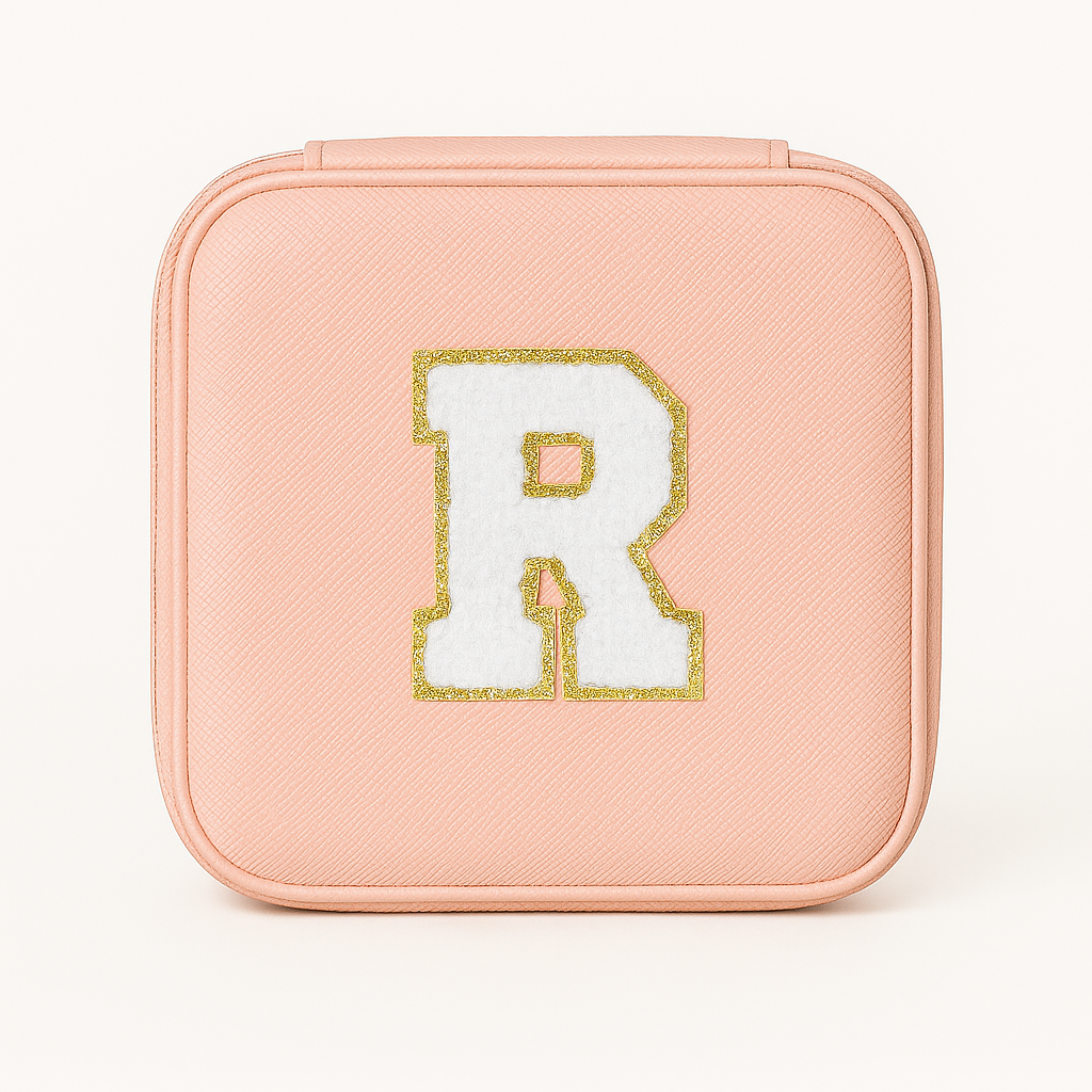 Personalisierbare Schmuckbox Rosa – Buchstabe A–Z Weiß mit Goldrand – DIY Reise