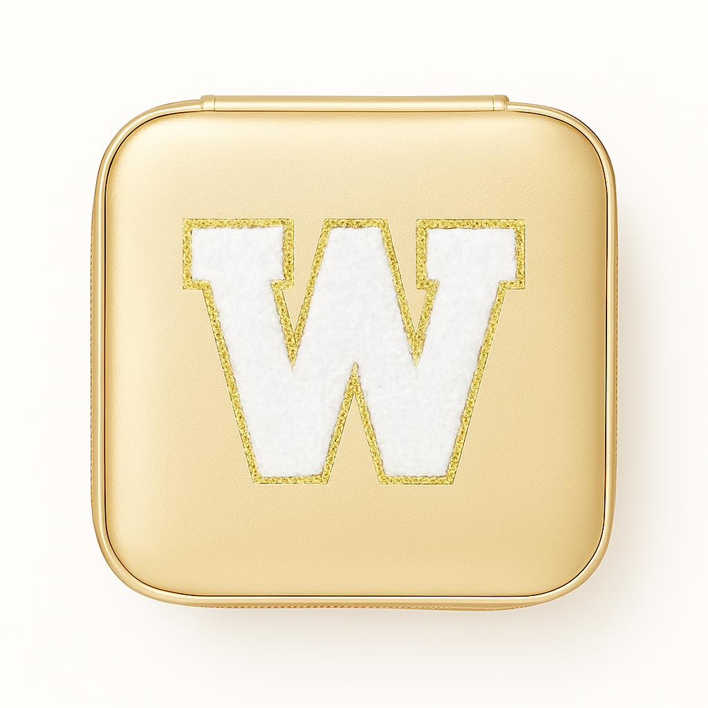 Schmuckbox Gold PU • DIY Initiale Weiß A–Z zum Kleben • Reise & Geschenkidee