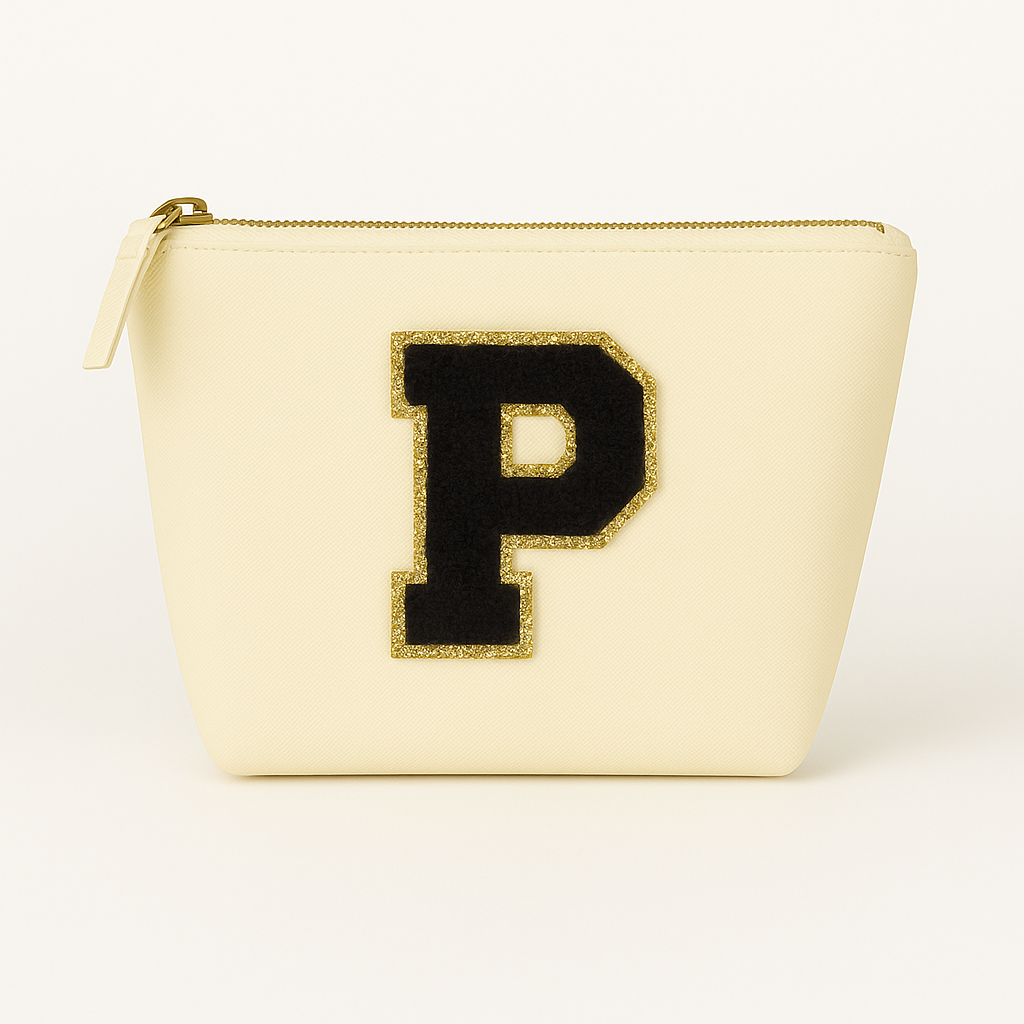 Kosmetiktasche S Beige • DIY Initiale Schwarz A–Z zum Kleben • Top Geschenkidee