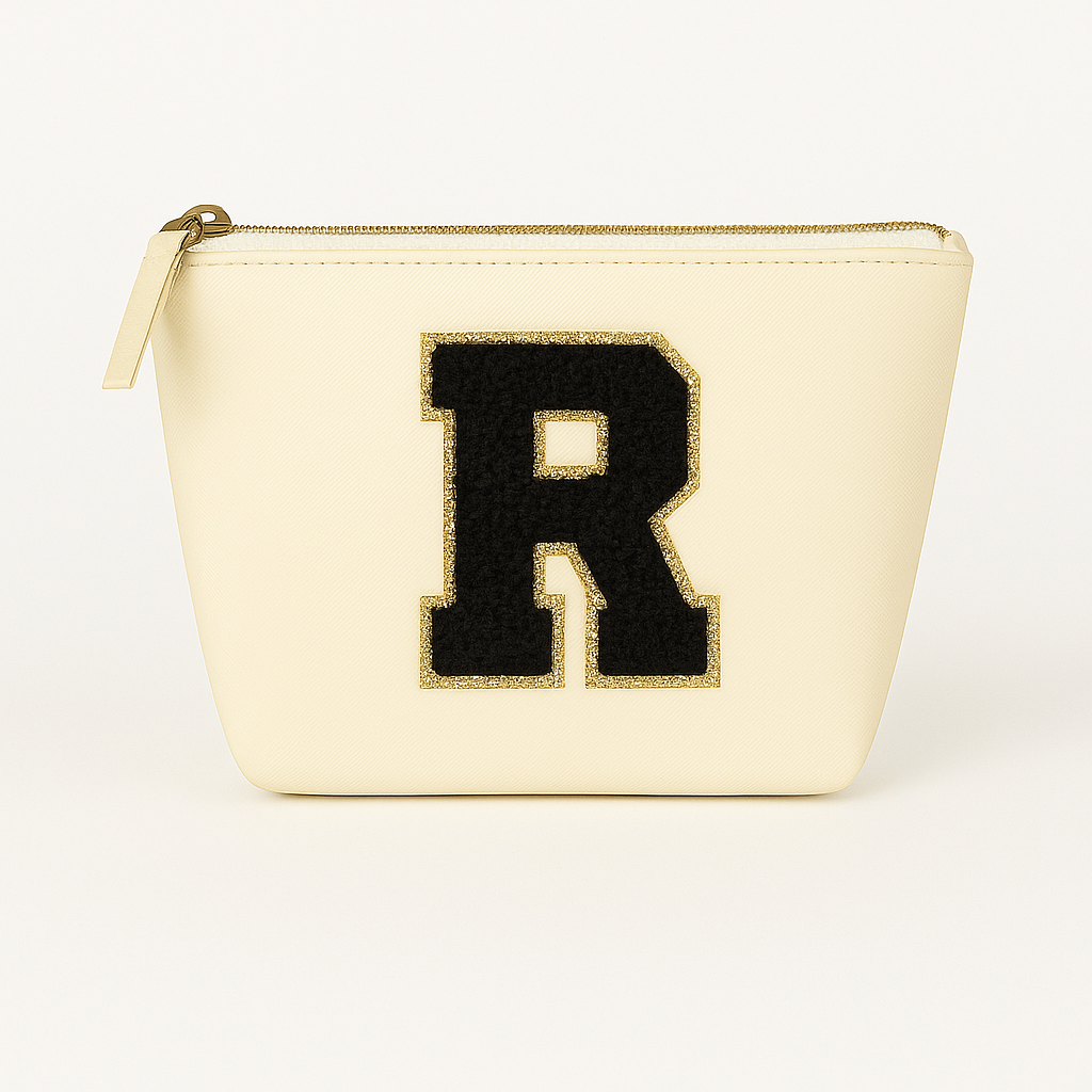 Kosmetiktasche S Beige • DIY Initiale Schwarz A–Z zum Kleben • Top Geschenkidee