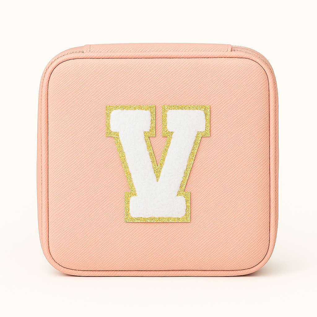 Personalisierbare Schmuckbox Rosa – Buchstabe A–Z Weiß mit Goldrand – DIY Reise