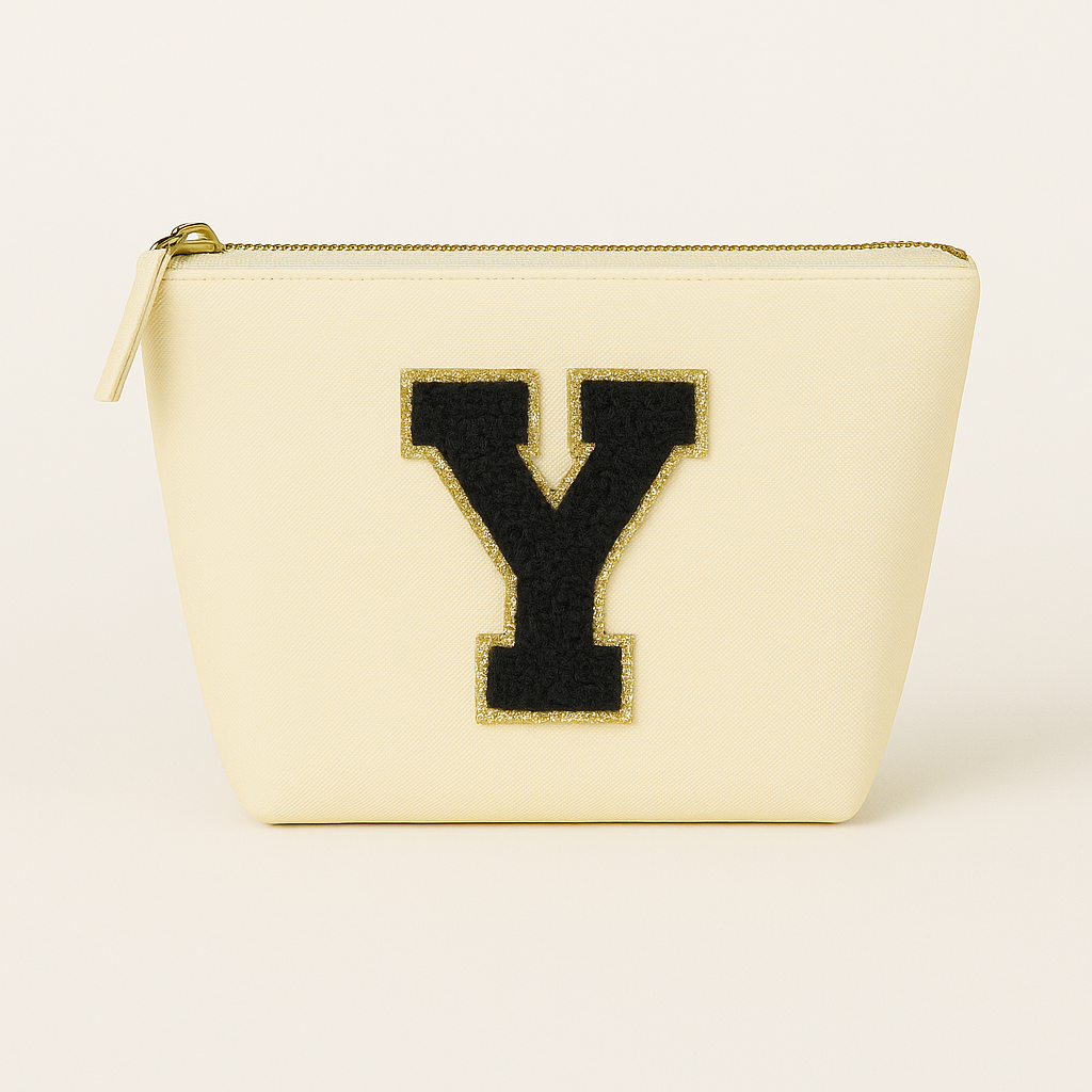 Kosmetiktasche S Beige • DIY Initiale Schwarz A–Z zum Kleben • Top Geschenkidee