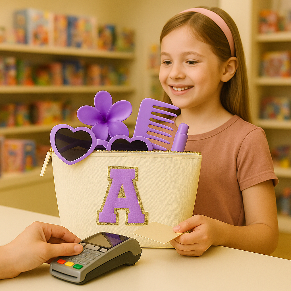 Kosmetiktasche S Beige • DIY Initiale Lila A–Z zum Kleben • Reise & Geschenkidee