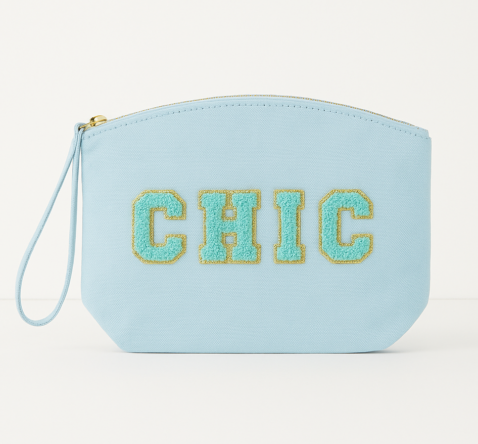 Kosmetiktasche Clutch mit „CHIC“ Botschaft Rosa Beige Blau Schwarz Geschenkidee