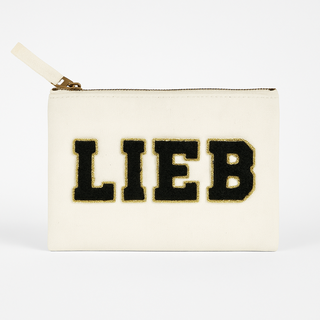 Kosmetiktasche M Schminktäschchen mit LIEB Schriftzug – Weiß, Schwarz, Leo
