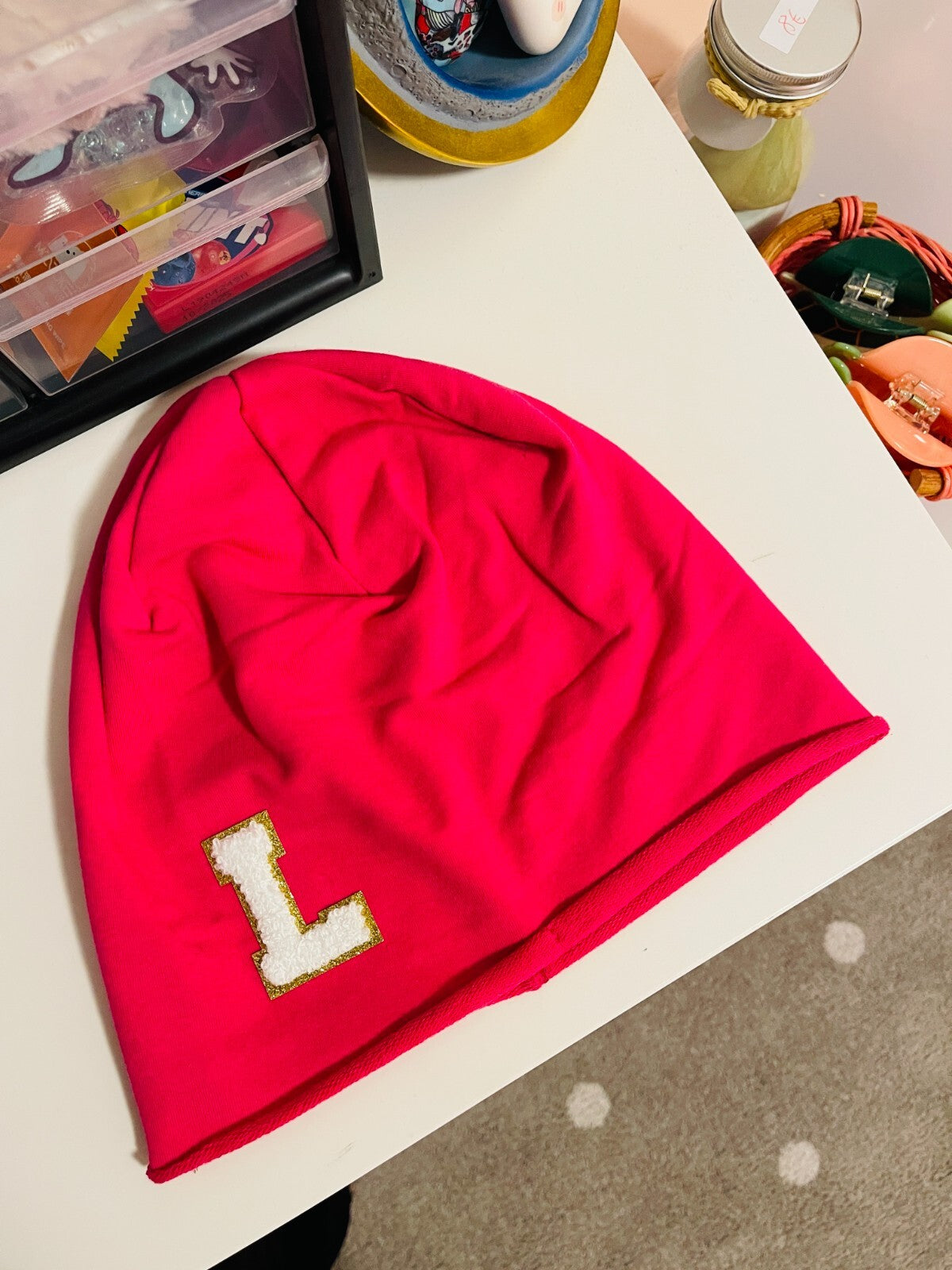 Initiale L Damen Jersey Beanie Summer schwarz pink grau blau