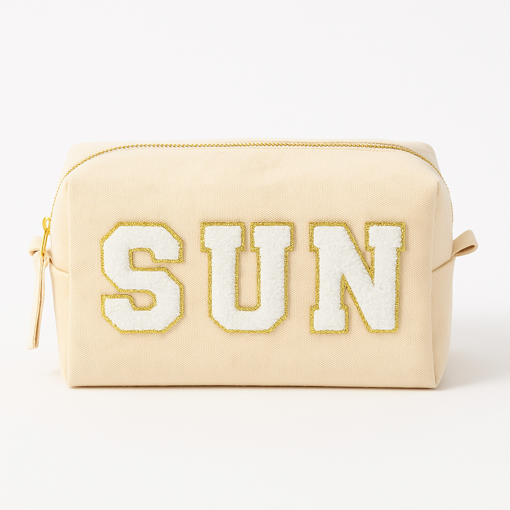 Reisetaschen Zubehörtaschen mit „SUN“ Botschaft Beige Schwarz Geschenkidee