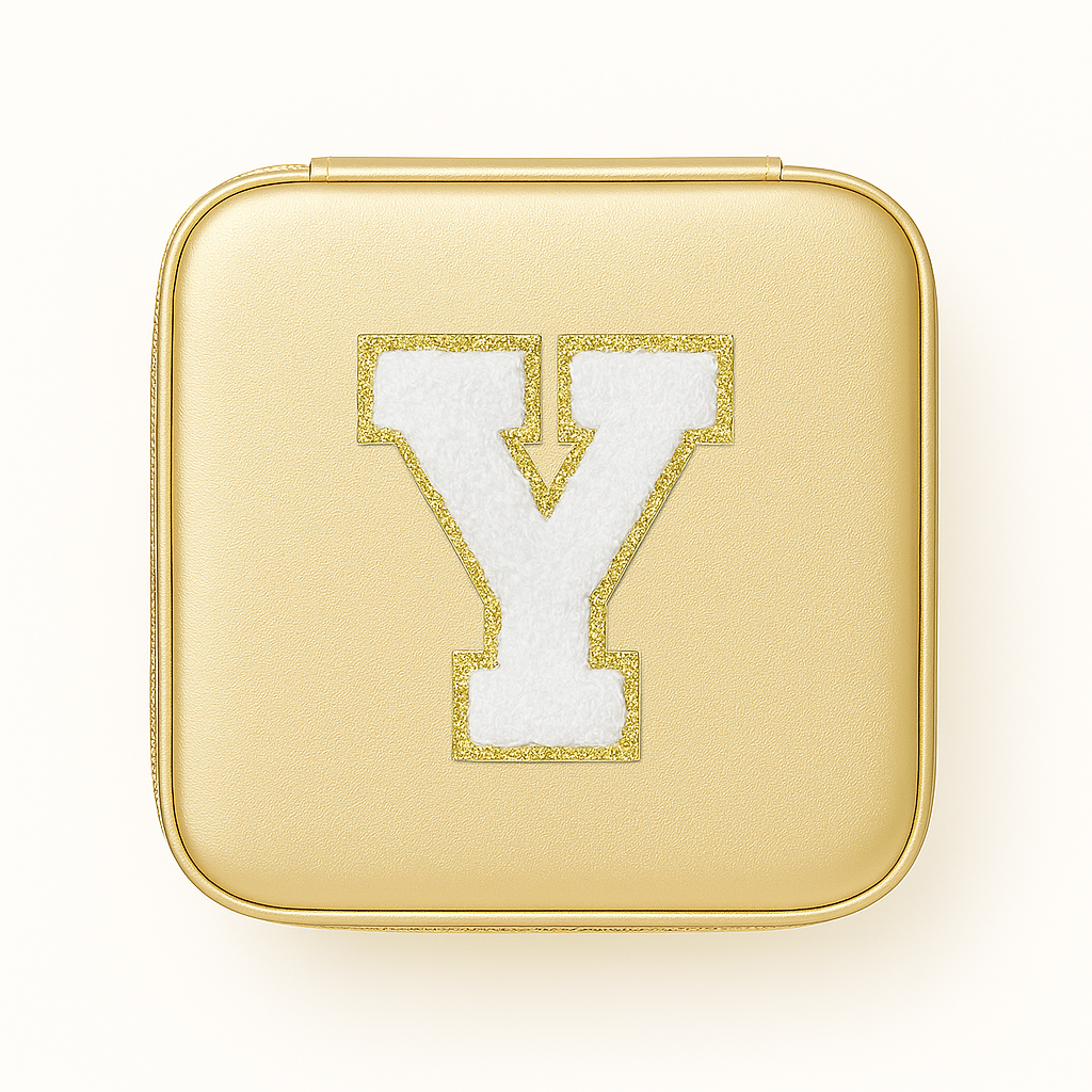 Schmuckbox Gold PU • DIY Initiale Weiß A–Z zum Kleben • Reise & Geschenkidee