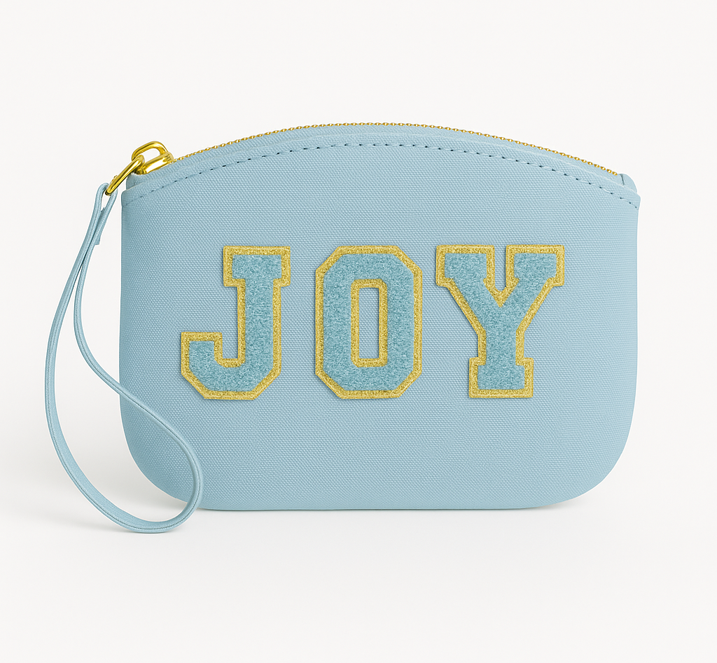 Kosmetiktasche Clutch mit „JOY“ Botschaft Rosa Beige Blau Schwarz Geschenkidee
