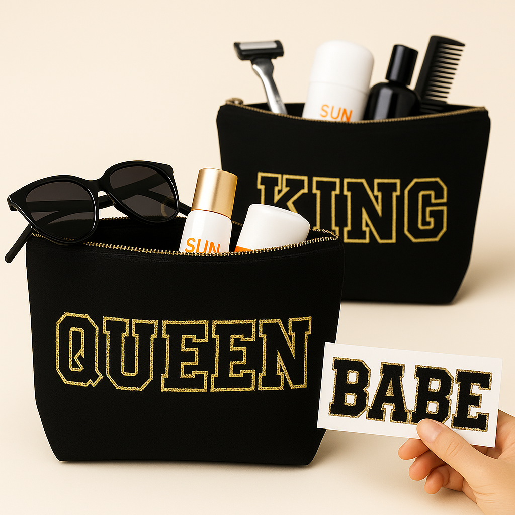 Kulturtasche mit Wunschtext Schwarz – DIY oder fertig – Queen/King/Mama/Papa/Set