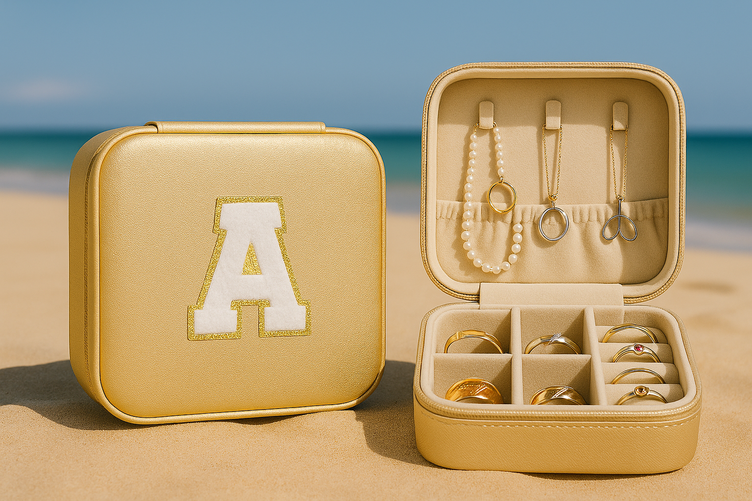 Schmuckbox Gold PU • DIY Initiale Weiß A–Z zum Kleben • Reise & Geschenkidee