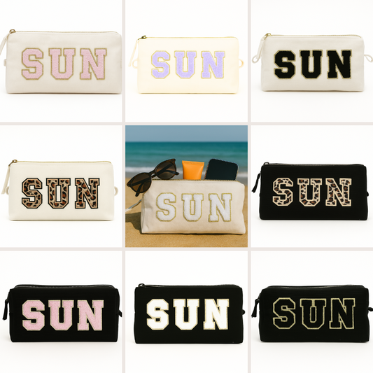 Reisetaschen Zubehörtaschen mit „SUN“ Botschaft Beige Schwarz Geschenkidee