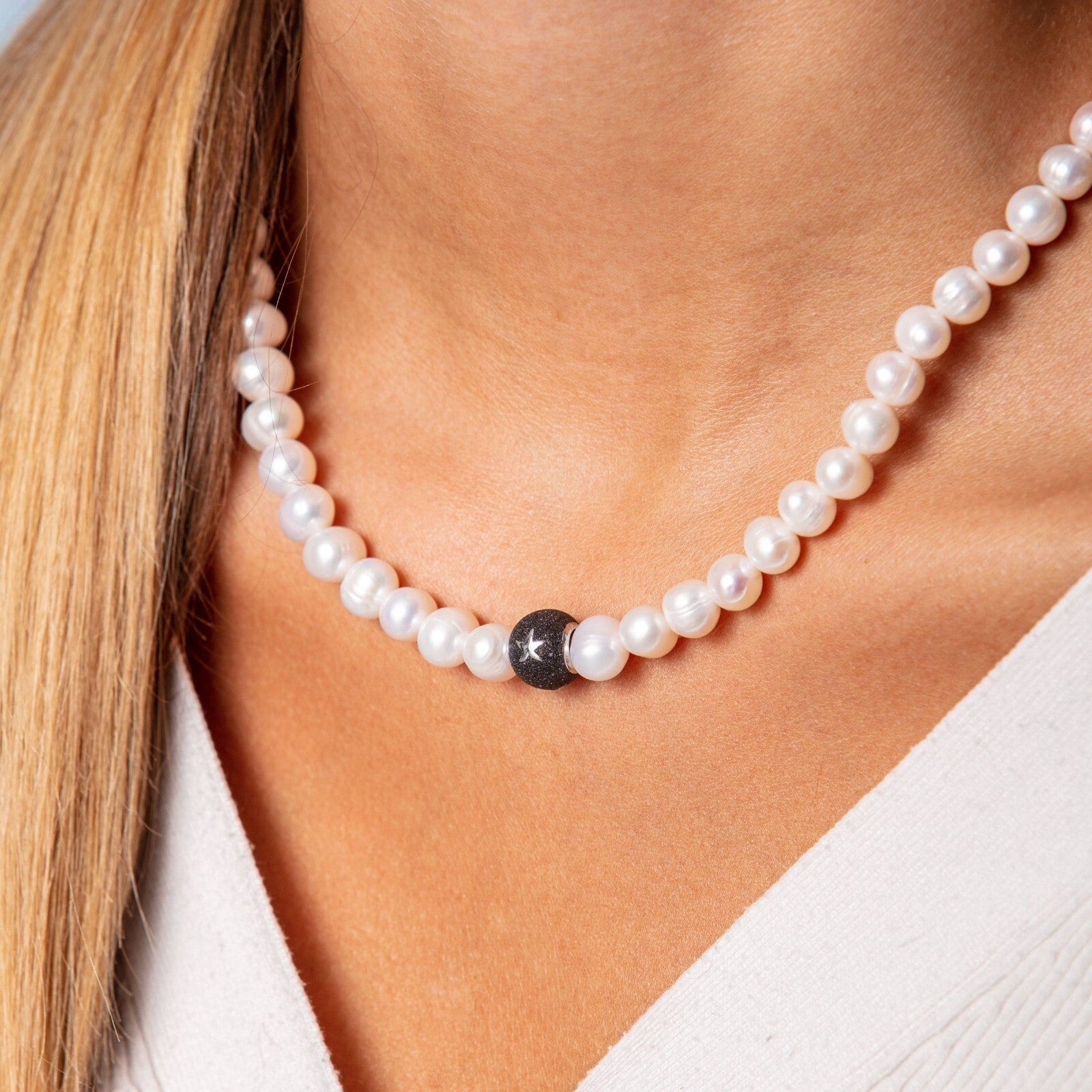 DUR Schmuck Kette PERLE LAVASANDBEAD 45cm Silber 925/- rhod K2481