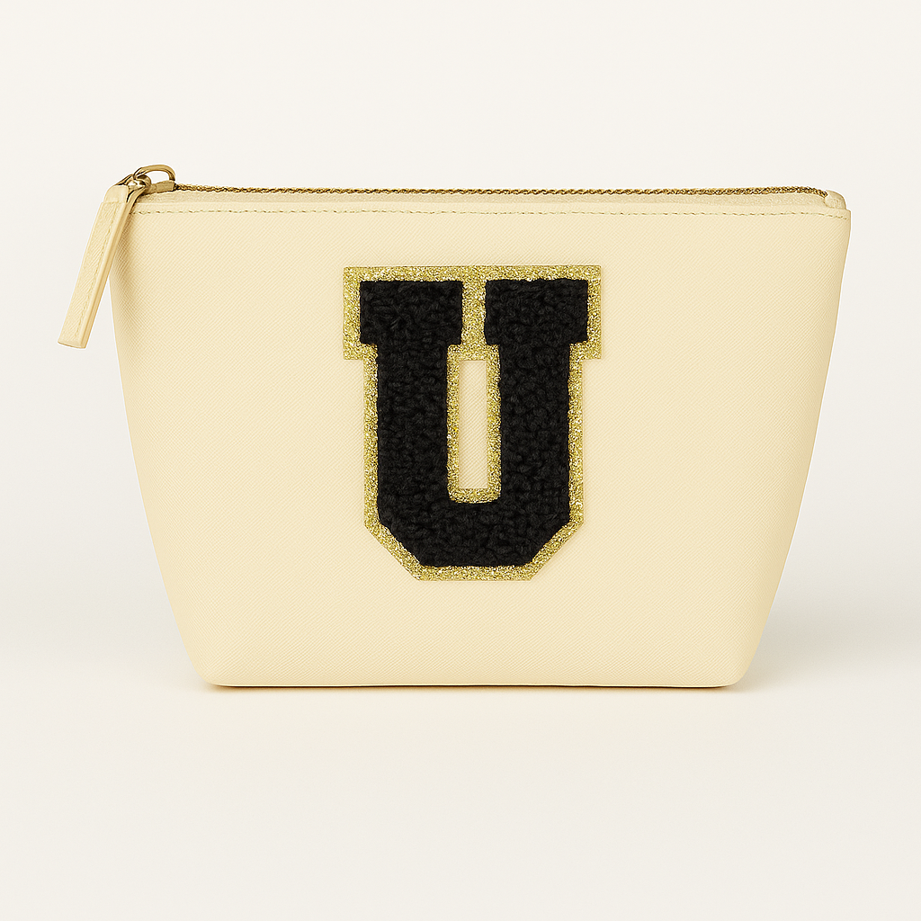 Kosmetiktasche S Beige • DIY Initiale Schwarz A–Z zum Kleben • Top Geschenkidee