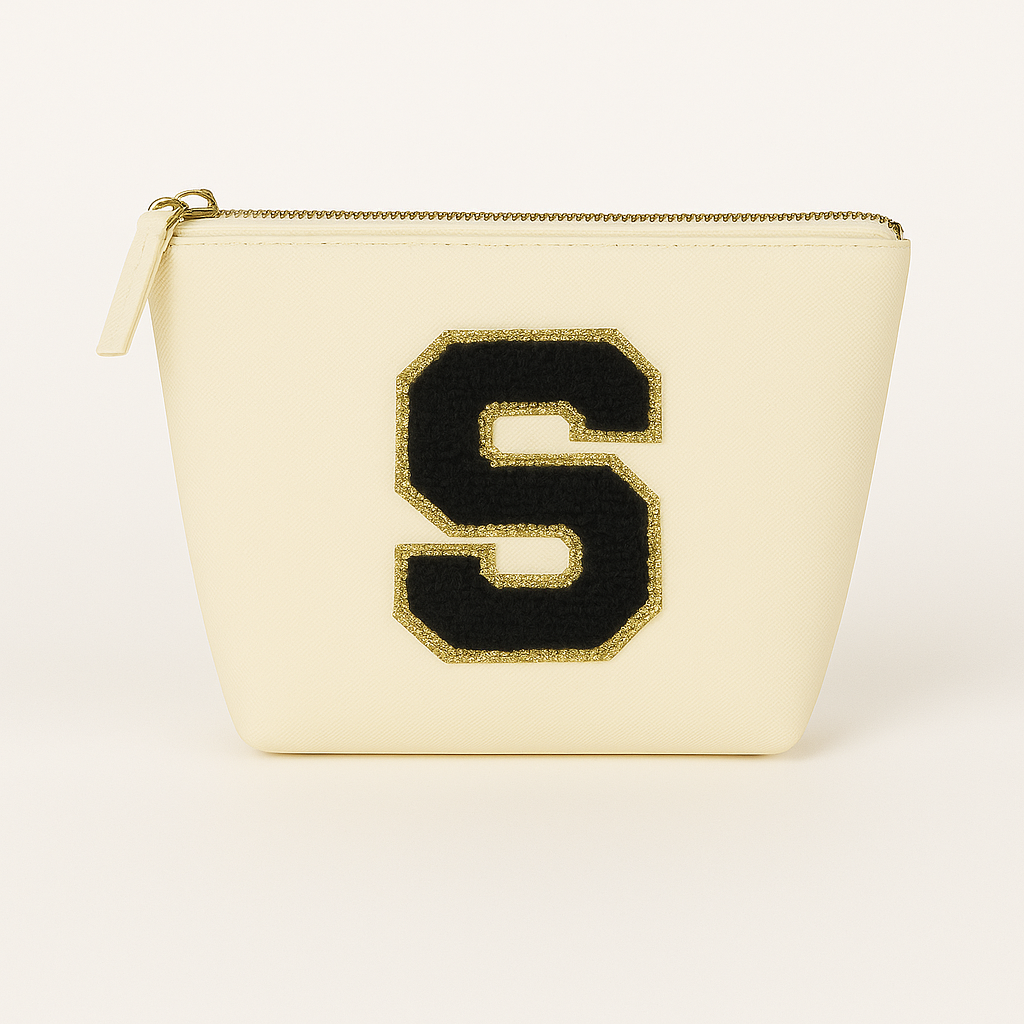 Kosmetiktasche S Beige • DIY Initiale Schwarz A–Z zum Kleben • Top Geschenkidee