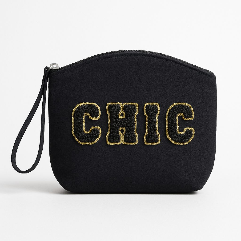 Kosmetiktasche Clutch mit „CHIC“ Botschaft Rosa Beige Blau Schwarz Geschenkidee