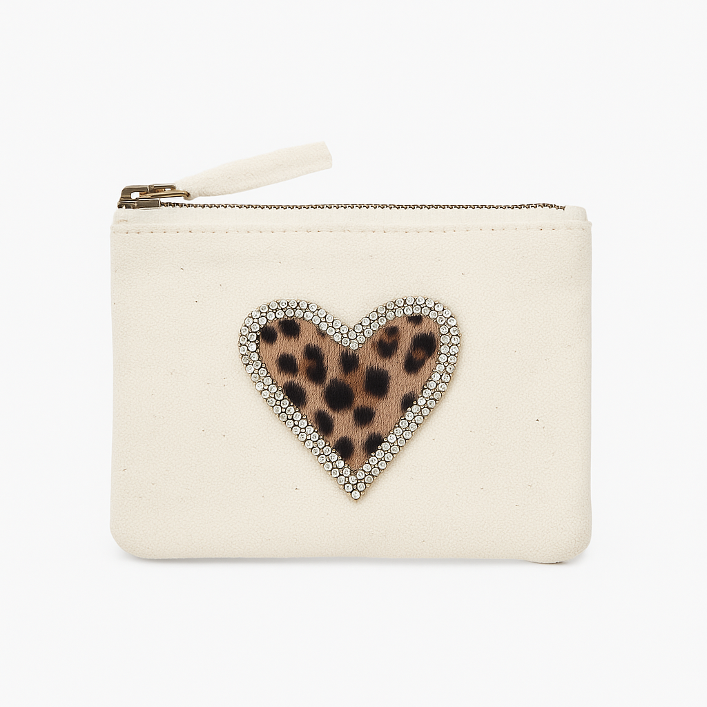 Kartenetui XS Leo Herz oder Stern Beige – Canvas Tasche mit Reißverschluss