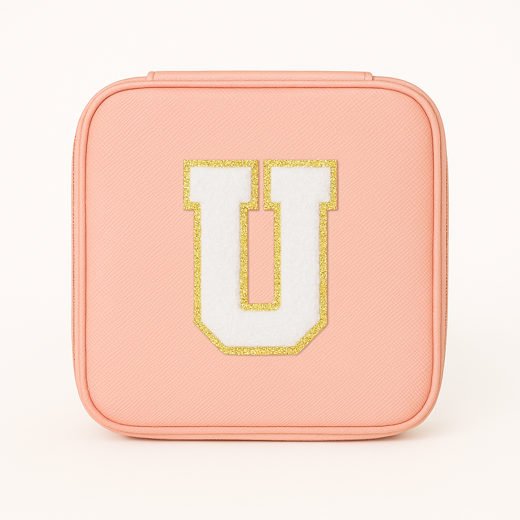 Personalisierbare Schmuckbox Rosa – Buchstabe A–Z Weiß mit Goldrand – DIY Reise