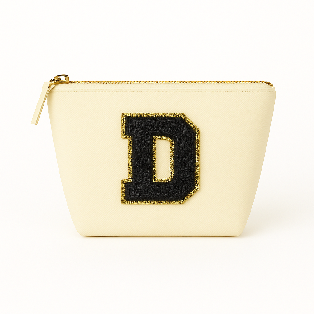 Kosmetiktasche S Beige • DIY Initiale Schwarz A–Z zum Kleben • Top Geschenkidee