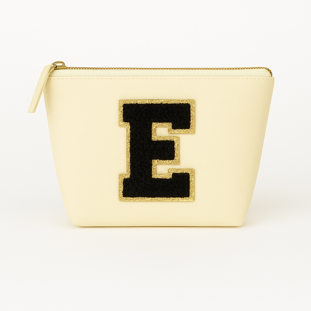 Kosmetiktasche S Beige • DIY Initiale Schwarz A–Z zum Kleben • Top Geschenkidee