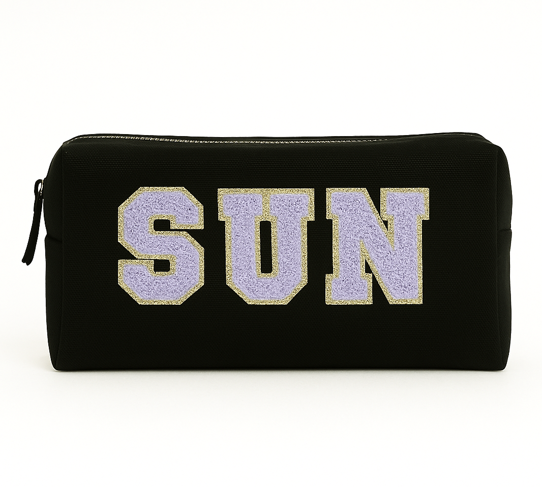Reisetaschen Zubehörtaschen mit „SUN“ Botschaft Beige Schwarz Geschenkidee