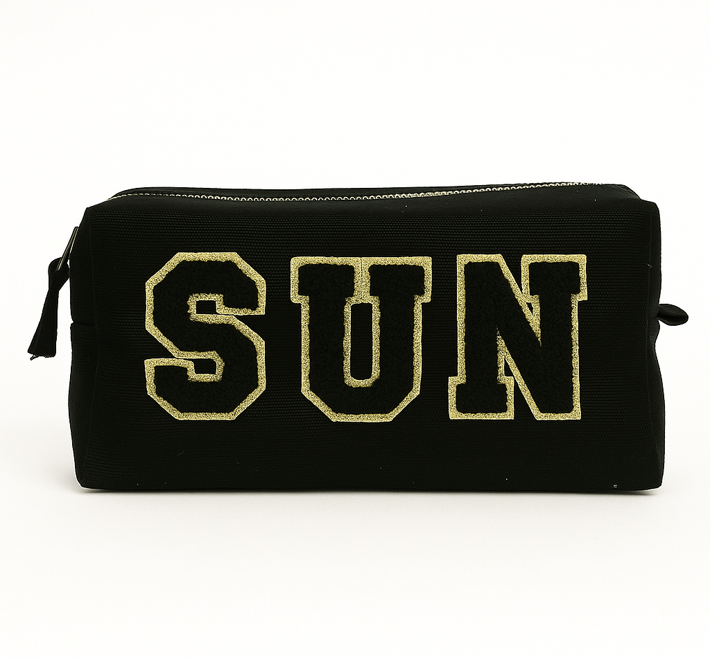 Reisetaschen Zubehörtaschen mit „SUN“ Botschaft Beige Schwarz Geschenkidee