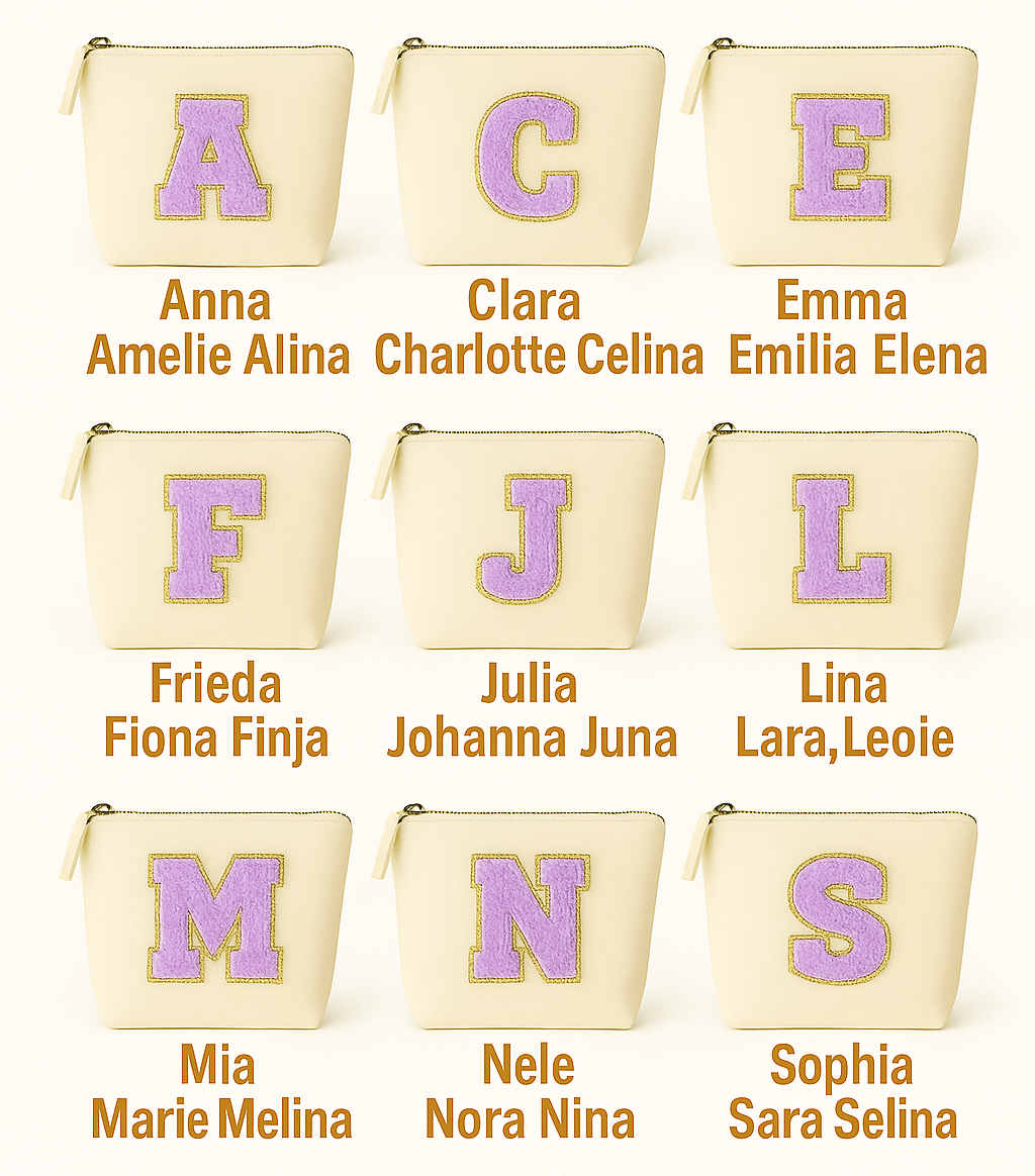 Kosmetiktasche S Beige • DIY Initiale Lila A–Z zum Kleben • Reise & Geschenkidee