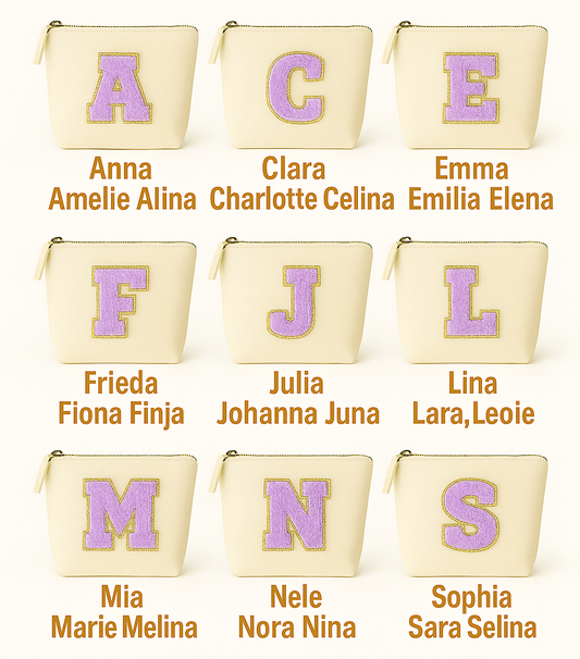 Kosmetiktasche S Beige • DIY Initiale Lila A–Z zum Kleben • Reise & Geschenkidee