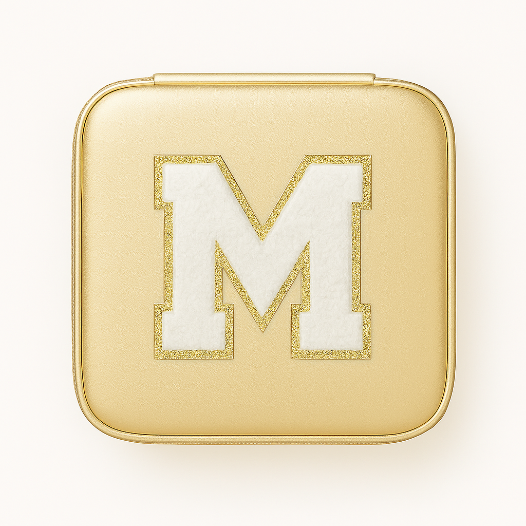 Schmuckbox Gold PU • DIY Initiale Weiß A–Z zum Kleben • Reise & Geschenkidee