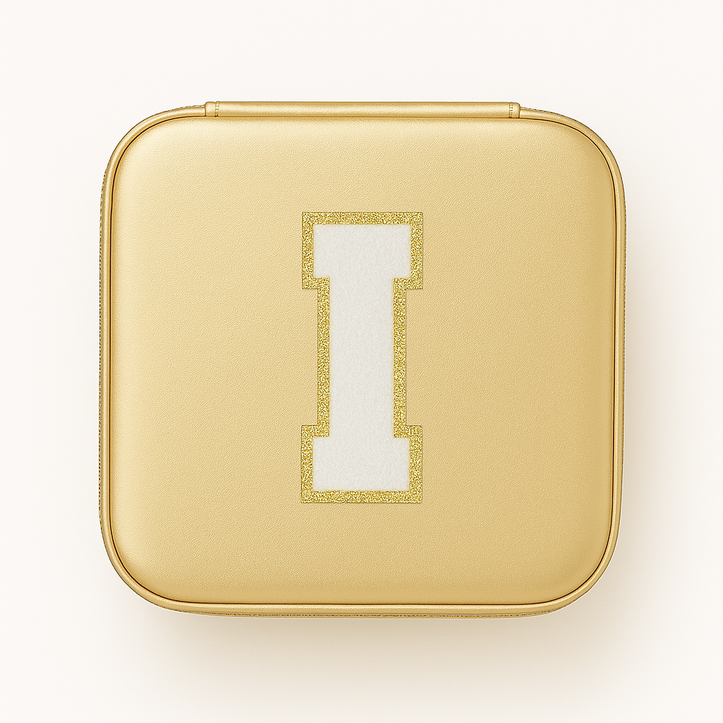 Schmuckbox Gold PU • DIY Initiale Weiß A–Z zum Kleben • Reise & Geschenkidee